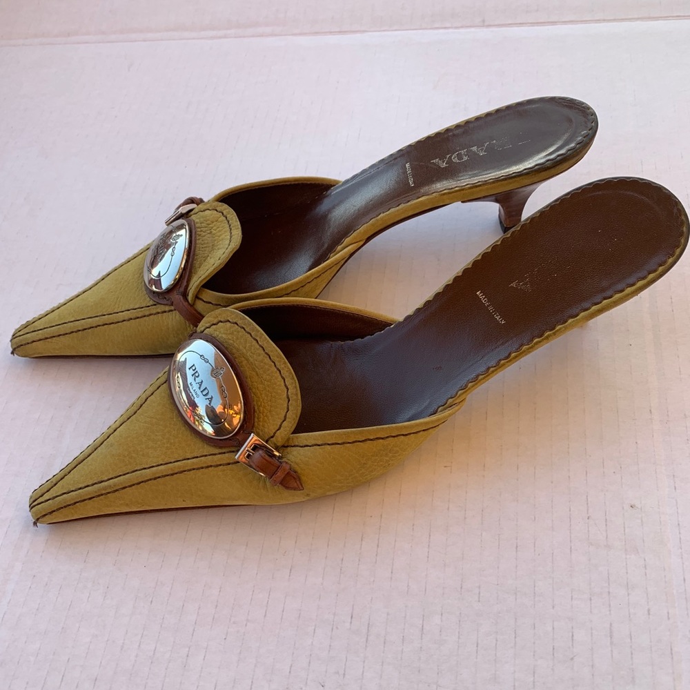 Prada Leather Green Mules W/ Kitten Heels 9